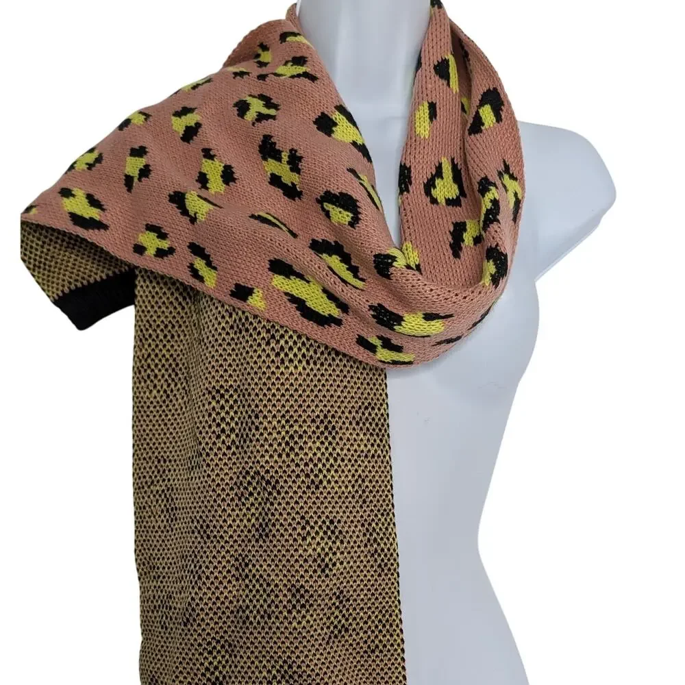 French Connection Leopard Print Knit Scarf In Pink Yellow Black NEW